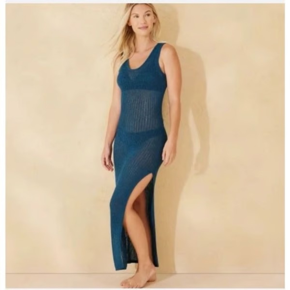 Shade & Shore Women’s Deep Teal Sleeveless Dress Knit Crochet Swim Maxi Coverup